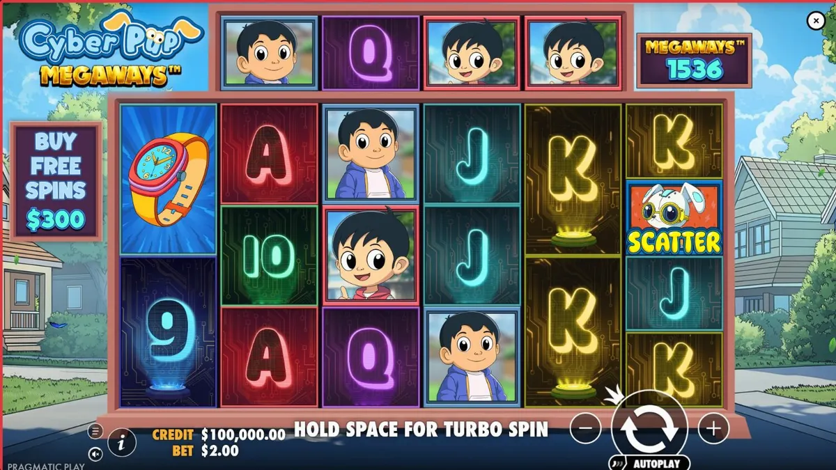 Cyber Pup Megaways slot interface com personagens anime e elementos futuristas